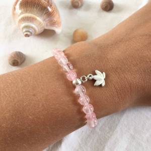 Zartes Edelstein Armband, Rosenquarz Armband, Perlenarmband in rosa Silber mit Lotus Anhänger als Geschenk für Frauen, Y Bild 4