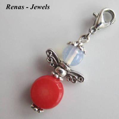 Schutzengel Anhänger mit Edelstein Rote Koralle & Opalglas Perlen rot-weiß silberfarben – Engel Glücksbringer