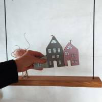 Fensterdeko Eiche pastell Häuser Dekoration Metallring Glasvase 40 x 40 cm Bild 3