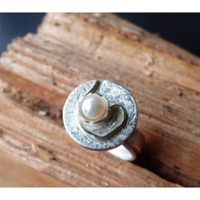 Einzigartiger Damenring aus Silber 925, Gold 585 & Zuchtperle – Handgefertigtes Unikat