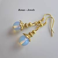 Glas Ohrhänger Opalglas Perlen rund milchig weiß goldfarben Glasohrringe Ohrringe Bild 1