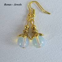 Glas Ohrhänger Opalglas Perlen rund milchig weiß goldfarben Glasohrringe Ohrringe Bild 2
