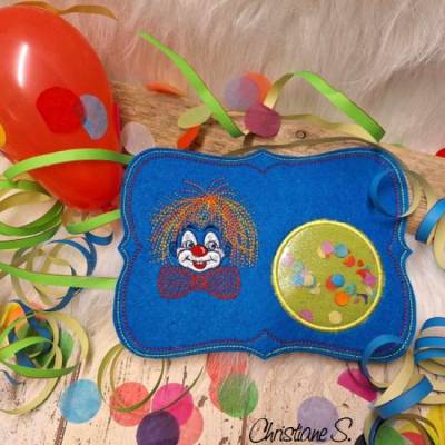 *  Clown MugRug - ITH Stickdatei 13 x 18  *  Kreis mit Folie und Konfetti oder Satinrand