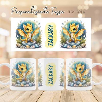 Personalisierte Tasse mit Drache in gelb nach Wahl und Namen - Kinderbecher mit Name - Milchbecher - Kakaotasse