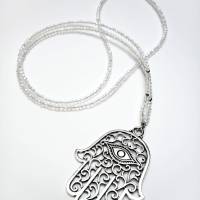 Glasperlen Halskette Fatima Hand Glück Anhänger Perlen Kette Perlenkette selbstgemacht Halskette lang Buddha Energie Bild 1