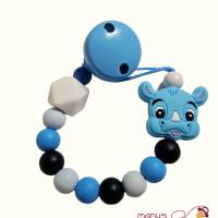 Silikonschnullerkette "Hippo mit Hexagonperle"  in Skyblau, Schwarz, Babyblau und Weiß ohne Namen Bild 1