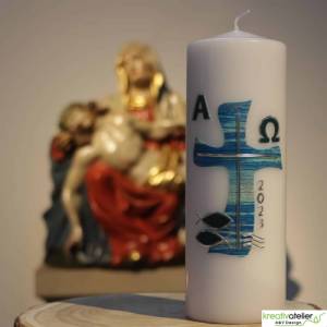 Moderne christliche Osterkerze mit blau silbernem Kreuz in Wellenform, Fischen und Wellen, religiöse Osterkerze Bild 6