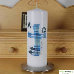 Moderne christliche Osterkerze mit blau silbernem Kreuz in Wellenform, Fischen und Wellen, religiöse Osterkerze Bild 7