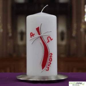 Edle Osterkerze christlich mit geschwungenem rot-silbernem Kreuz mit silbernen Perlstreifen, religiöse Osterkerze Bild 4