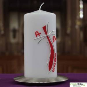 Edle Osterkerze christlich mit geschwungenem rot-silbernem Kreuz mit silbernen Perlstreifen, religiöse Osterkerze Bild 6