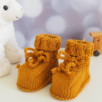 ockergelbe Babyschuhe, 3-6 Monate, gestrickt aus Wolle, für kleine Jungen und Mädchen, genderneutrales Geschenk Geburt