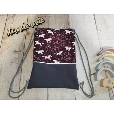 Kindergarten Turnbeutel, Reflektor Pferde bordeaux in 3 Größen