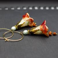 Ohrringe Blüten, Creolen, dunkelrot, mint, rot Bild 1
