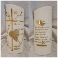 Hochzeitskerze goldene Hochzeit 50 Jahre. Handverziert und beschriftet. Wunschtext Psalm Trauspruch auf Rückseite wählba Bild 1