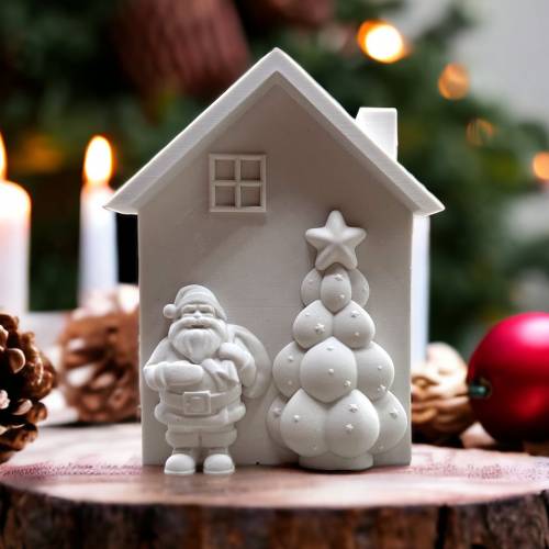 Deko Haus Silikon Gießform mit Weihnachtsmann & Tannenbaum, Betonform Weihnachten, Raysinform