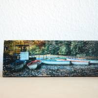 Ruderboote Ratingen Blauer See  Holzbild Weinkistenbrett Upcycling 9x23 cm handmade Bild 1