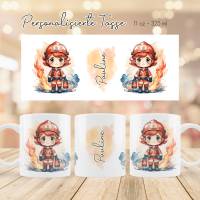 Personalisierte Tasse mit Feuerwehrmädchen und Namen - Kinderbecher mit Feuerwehr Mädchen- Girl Milchbecher - Kakaotasse Bild 1