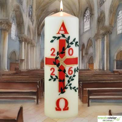 handverzierte festliche Osterkerze in elfenbein, religiös mit Kreuz, Regenbogen, Fisch, Alpha und Omega, Ostergeschenk