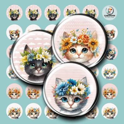 Cabochon Vorlagen - Katzen mit Blumenkranz - 10 mm, 12 mm, 14 mm und 25 mm