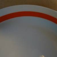 Kuchen/Dessertteller mit niedrigem Henkelbecher. Weiß mit orangefarbenem  Blockstreifen am Rand Bild 8