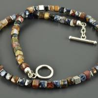 Halskette mit Pietersit und 925er Silber Würfelkette in Erdfarben minimalistische Edelsteinkette Unikat Geschenk Freundi Bild 3