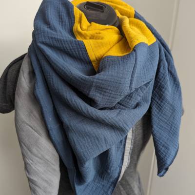 XXXL Schal Tuch Musselin 3farbig grau gelb dunkelblau
