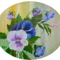 Stiefmütterchen - Blumenmalerei - Originalgemälde in Öl auf Leinwand Keilrahmen, oval, 60 x 50 cm Bild 1