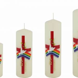 handverzierte festliche Osterkerze in elfenbein, religiös mit Kreuz, Regenbogen, Taube, Ölzweig, Alpha und Omega Bild 3