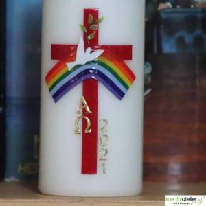 handverzierte festliche Osterkerze in elfenbein, religiös mit Kreuz, Regenbogen, Taube, Ölzweig, Alpha und Omega Bild 4