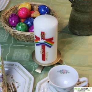 handverzierte festliche Osterkerze in elfenbein, religiös mit Kreuz, Regenbogen, Taube, Ölzweig, Alpha und Omega Bild 6