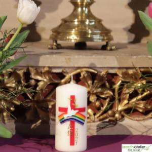 handverzierte festliche Osterkerze in elfenbein, religiös mit Kreuz, Regenbogen, Taube, Ölzweig, Alpha und Omega Bild 7