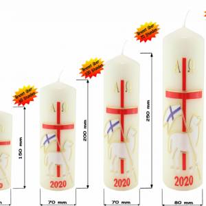 handverzierte festliche Osterkerze mit Lamm, Kreuz, Alpha und Omega, aktueller Jahreszahl in elfenbein, religiös Bild 2