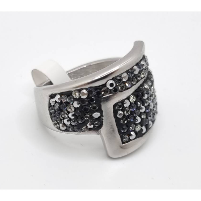 Edelstahl Ring mit Swarovski Kristalle Schwarz Grau Silber Anthrazit (SCR30)