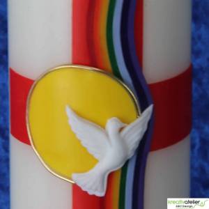 handverzierte festliche Osterkerze mit Kreuz, Regenbogen, Taube, Sonne, Alpha und Omega in elfenbein Bild 4