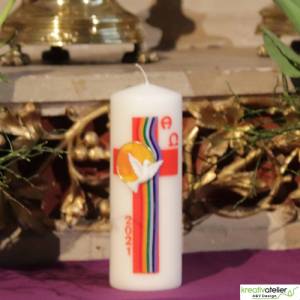handverzierte festliche Osterkerze mit Kreuz, Regenbogen, Taube, Sonne, Alpha und Omega in elfenbein Bild 8