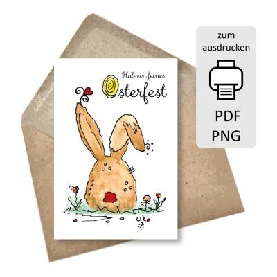 Osterkarten zum Ausdrucken: Süßer brauner Osterhase – DIY Download PDF & PNG