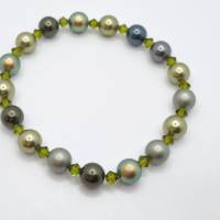 Armband Perlen Grün Oliv mit Crystal Pearls und Bicones (A73) Bild 1
