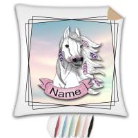 Kissen mit Name / Kissenbezug mit Füllung / satiniert oder kuschlig auch mit farbiger Rückseite / Pferd Bild 1