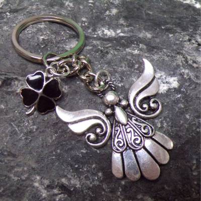 Schutzengel Engel Fee  Schlüsselanhänger versilbert Kleeblatt schwarz 