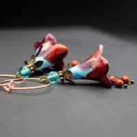 Ohrringe Blüten, Creolen, blau, türkis, rot Bild 1