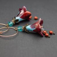 Ohrringe Blüten, Creolen, blau, türkis, rot Bild 2