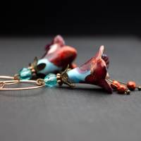 Ohrringe Blüten, Creolen, blau, türkis, rot Bild 5