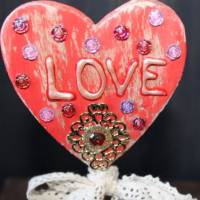 Geschenk Valentinstag HEIRATE MICH abstrakt gestalteter Herzaufsteller aus Holz m. Acrylfarbe im Shabby-Stil gestaltet Bild 2