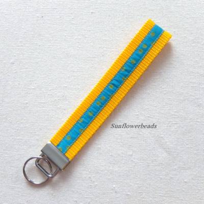 Schlüsselband aus Gurtband gelb mit türkisfarbenem Webband, Schlüsselanhänger