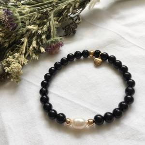 Edelstein Armband aus schwarzem Achat und vergoldeten Perlen, Süßwasserperlenarmband, Weihnachtsgeschenk für Freundin, G Bild 3