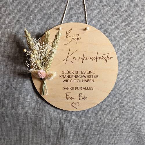 Krankenschwester Danke, Personalisiert, Geschenk, Wandschild mit Trockenblumen, Danke beste Krankenschwester