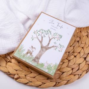 Geschenkschachtel Geldgeschenk Taufe Baum Box personalisiert mit Namen und Baumwollsäckchen Patenkind Geschenk Bild 4