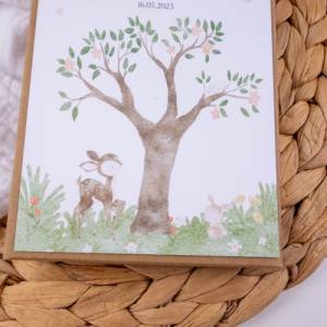 Geschenkschachtel Geldgeschenk Taufe Baum Box personalisiert mit Namen und Baumwollsäckchen Patenkind Geschenk Bild 6
