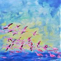 Aufbruch - Flamingos - Originalgemälde in Acryl auf Leinwand Keilrahmen, 50 x 70 cm Bild 1