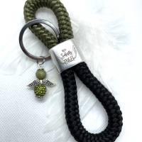 Schlüsselanhänger aus Segelseil/Segeltau, Zwischenstück "Mein Schutzengel", oliv/schwarz Bild 1
